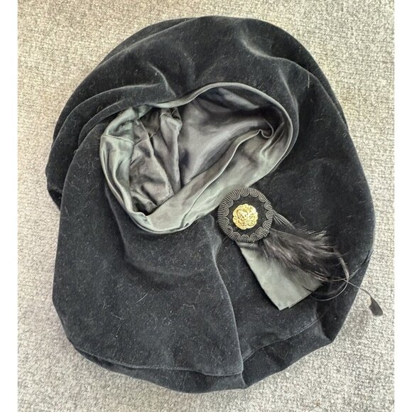 VTG J. Peterman Co Cap Large Beret  Velvet Feathers Oversize Boho Dramatic 90s - Picture 4 of 10
